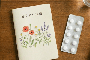 花が描かれたおくすり手帳と解熱鎮痛薬らしき白い錠剤のPTPシート